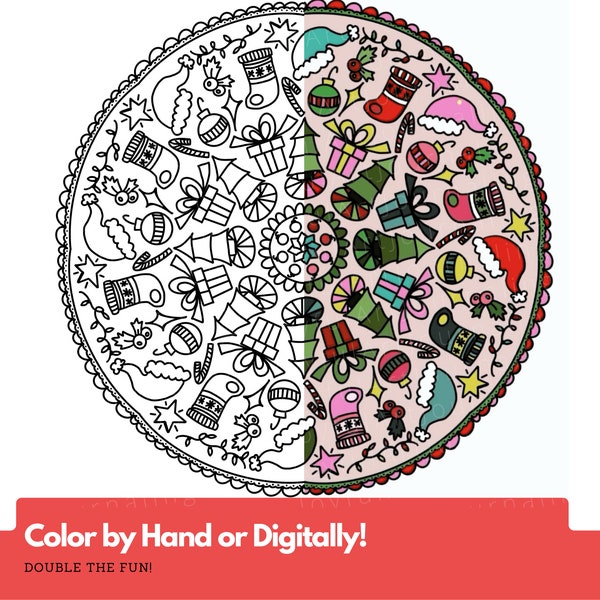 Printable Christmas Mandala Coloring Page, Group Holiday Activity, Last Minute Gift, Stocking Stuffer, Color in Procreate, Coloring Book