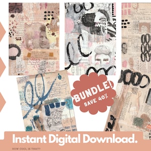 BUNDLE of 5 Mixed Media Art Journal Collage Tear Sheets w/ Vintage Photos, Old Books and Modern Marks. Instant Digital Download Printable B1 image 1