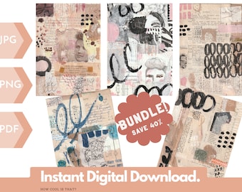 BUNDLE of 5 Mixed Media Art Journal Collage Tear Sheets w/ Vintage Photos, Old Books and Modern Marks. Instant Digital Download Printable B1