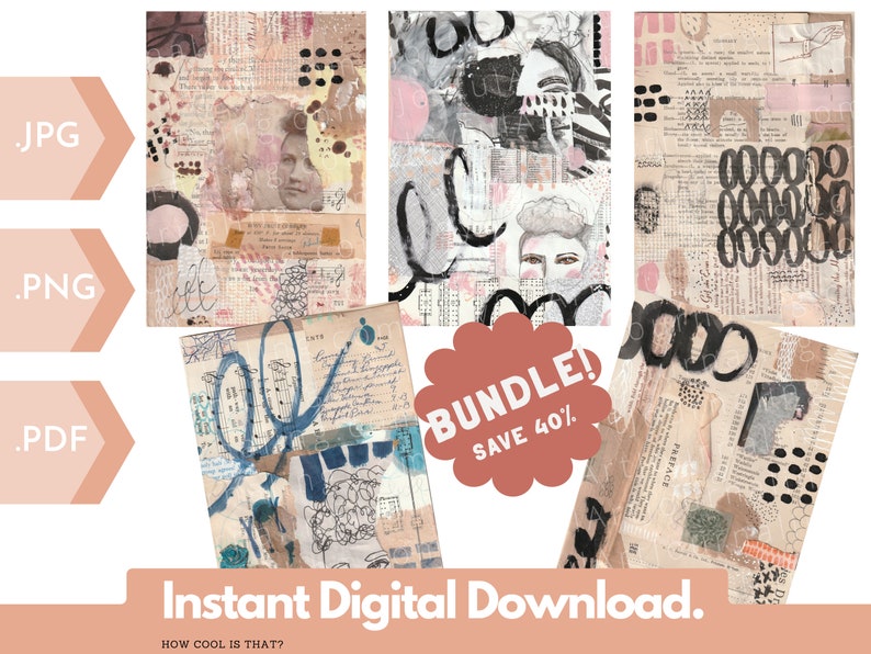 BUNDLE of 5 Mixed Media Art Journal Collage Tear Sheets w/ Vintage Photos, Old Books and Modern Marks. Instant Digital Download Printable B1 image 1