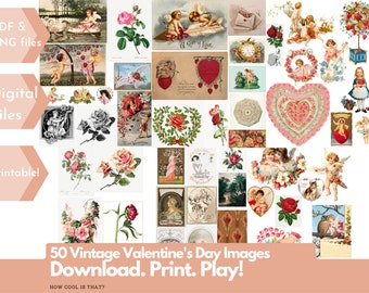 Vintage Valentine's Day Ephemera Junk Journal Printables. For collage, scrapbooking, art journaling, cards, tag making, paper arts and more.