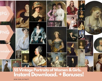 53 Vintage Women's Portraits + Bonus of 15 Men's Portraits! Digital Antique Printable Ephemera for art journals, collage, junk journals