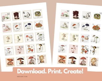 DIY Printable Vintage Mushroom Stamps for your art journals, scrapbooks, collage, junk journaling, BUJOs. Instant Digital Download Ephemera