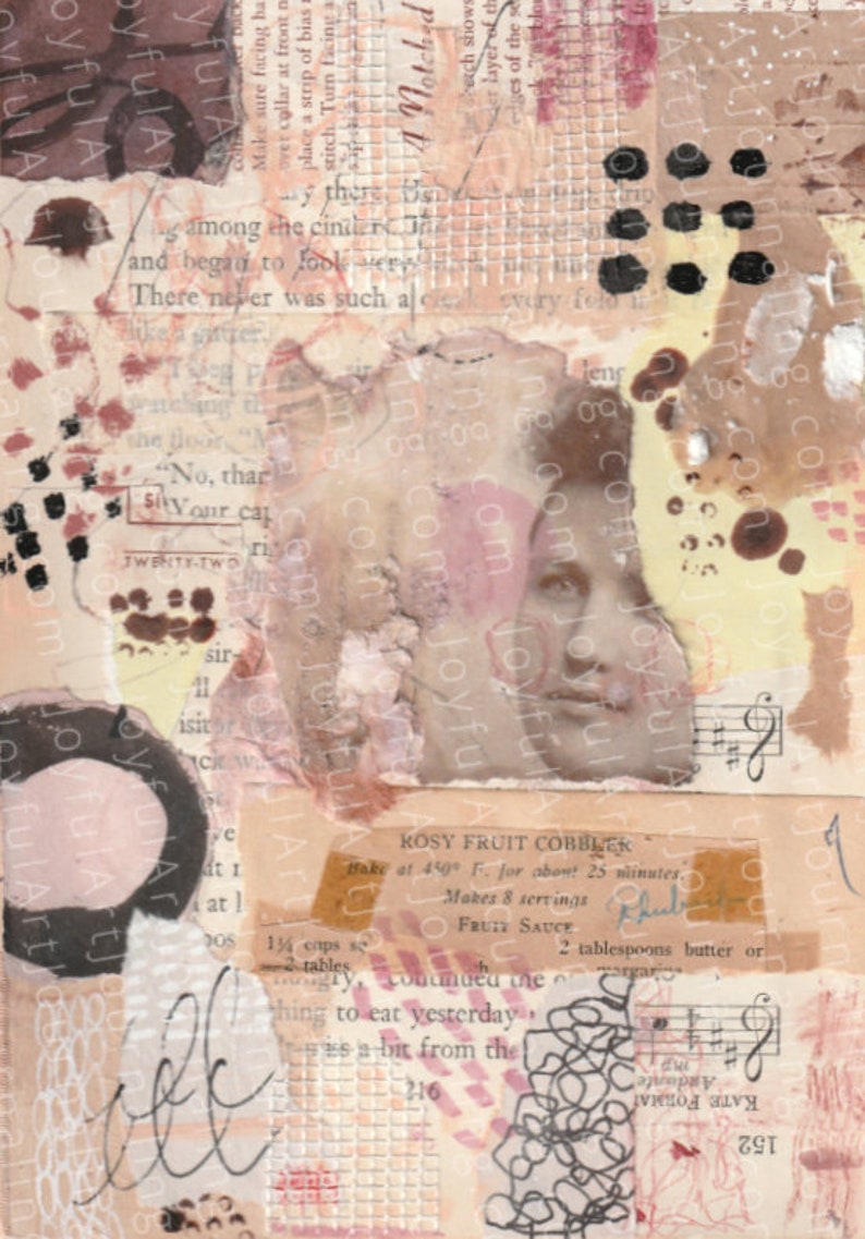 Pink and Sepia/Beige Mixed Media Art Journal Collage Tear Sheets with Vintage Photo and Modern Marks. Instant Digital Download Printable 5 image 2