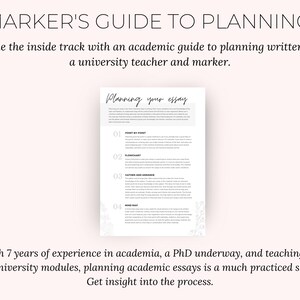 May include: A light pink background with the text "MARKER'S GUIDE TO PLANNING". The text below reads "Take the inside track with an academic guide to planning written by a university teacher and marker."