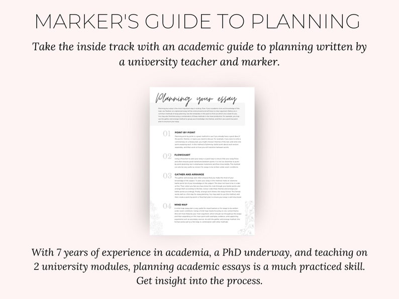 May include: A light pink background with the text "MARKER'S GUIDE TO PLANNING". The text below reads "Take the inside track with an academic guide to planning written by a university teacher and marker."
