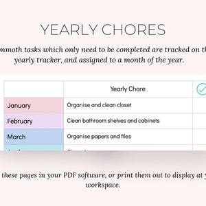 May include: A printable yearly chore tracker with a light pink background. The tracker includes a table with months, chore descriptions, and a checkmark column. Text at the top reads "YEARLY CHORES". Instructions are included.