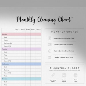 May include: A printable monthly cleaning chart with a white background. The chart includes a weekly and monthly chore list, with sections for beds, floors, and other tasks. The title "Monthly Cleaning Chart" is written in a cursive font.