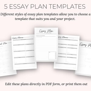 May include: Five essay plan templates are displayed, each with a different layout. The text reads "5 ESSAY PLAN TEMPLATES" and "Essay Plan" on the pages. The text also says "Edit these plans directly in PDF form, or print them out."
