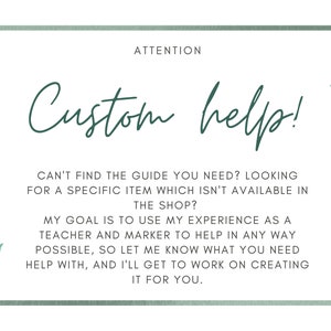 May include: White background with a green border and watercolor leaves. The text reads "ATTENTION Custom help!" and offers assistance with custom items. The text also states the shop owner's goal is to help.