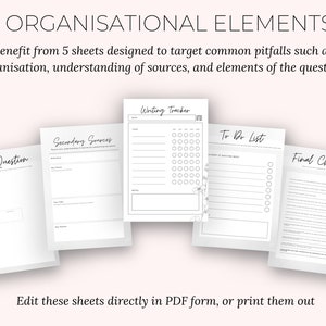 May include: Five white organizational sheets with titles like "Writing Tracker" and "Final Checklist" are displayed. The text reads "5 ORGANISATIONAL ELEMENTS" and "Edit these sheets directly in PDF form, or print them out."
