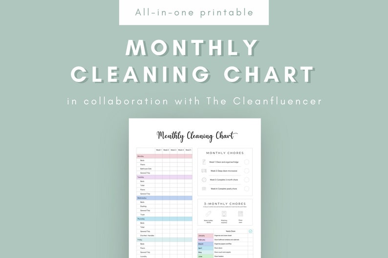 May include: A printable monthly cleaning chart with a light green background. The chart includes sections for weekly and monthly chores, with the text "Monthly Cleaning Chart" at the top. The chart is in collaboration with The Cleanfluencer.
