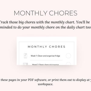 May include: A white printable planner page with the words "MONTHLY CHORES" at the top. The text below reads "Track those big chores with the monthly chart." The page includes a list of chores with checkboxes.