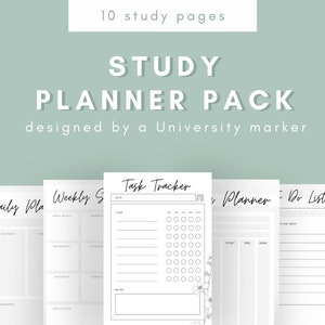 May include: A study planner pack with 10 pages, designed by a university marker. The cover features the text "STUDY PLANNER PACK" in white, with individual pages for daily planning, weekly schedules, and task tracking.