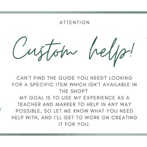 May include: A white background with a green border and watercolor leaves. The text reads "ATTENTION Custom help!" and offers assistance with custom items. The text also states the shop owner's goal is to help.