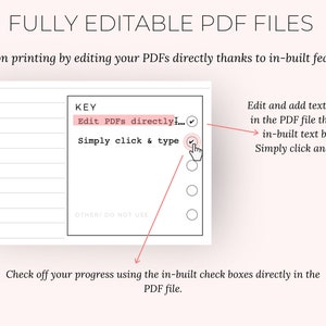 May include: A light pink graphic with the text "FULLY EDITABLE PDF FILES". The image shows a checklist with the text "Edit PDFs directly" and "Simply click & type". Arrows point to the check boxes and text boxes.