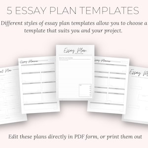 May include: Five essay plan templates are displayed, each with a different layout. The text reads "5 ESSAY PLAN TEMPLATES" and "Essay Plan" on the pages. The text also says "Edit these plans directly in PDF form, or print them out."