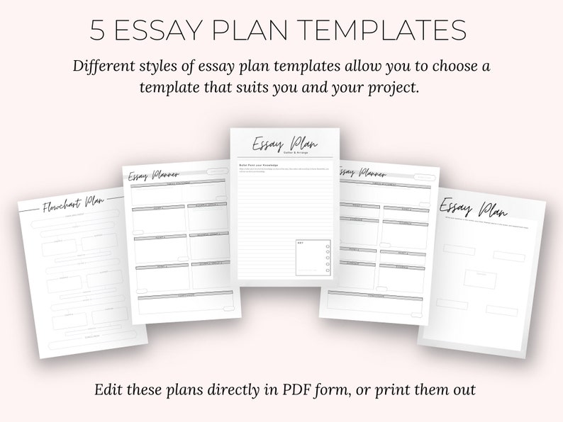 May include: Five essay plan templates are displayed, each with a different layout. The text reads "5 ESSAY PLAN TEMPLATES" and "Essay Plan" on the pages. The text also says "Edit these plans directly in PDF form, or print them out."