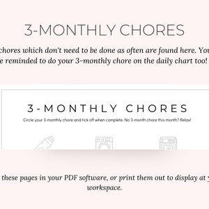 May include: A printable planner page with the title "3-MONTHLY CHORES" in a clean, sans-serif font. The page includes instructions and icons for tracking tasks. The text encourages users to circle and tick off completed chores. The background is a soft pink.