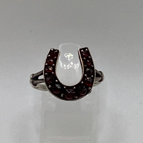 Silver Gilt Rose Cut Bohemian Garnet Horseshoe Ri… - image 1