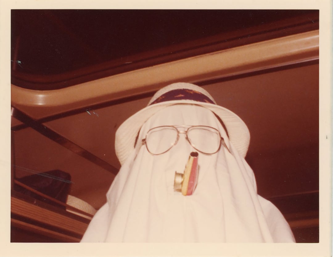 FUNNY 1970s Color Photograph Masked Hooded COSTUME Man With Fishing Hat