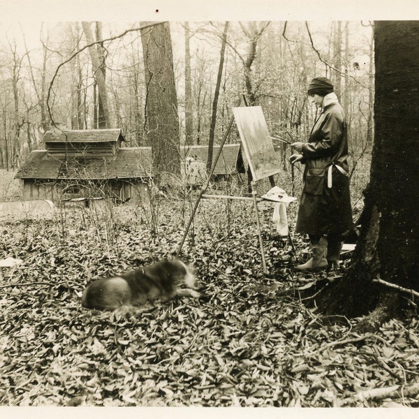 1920s/1930s snapshot vernacular photograph woman painters in woods with dog. artist landscape photo
