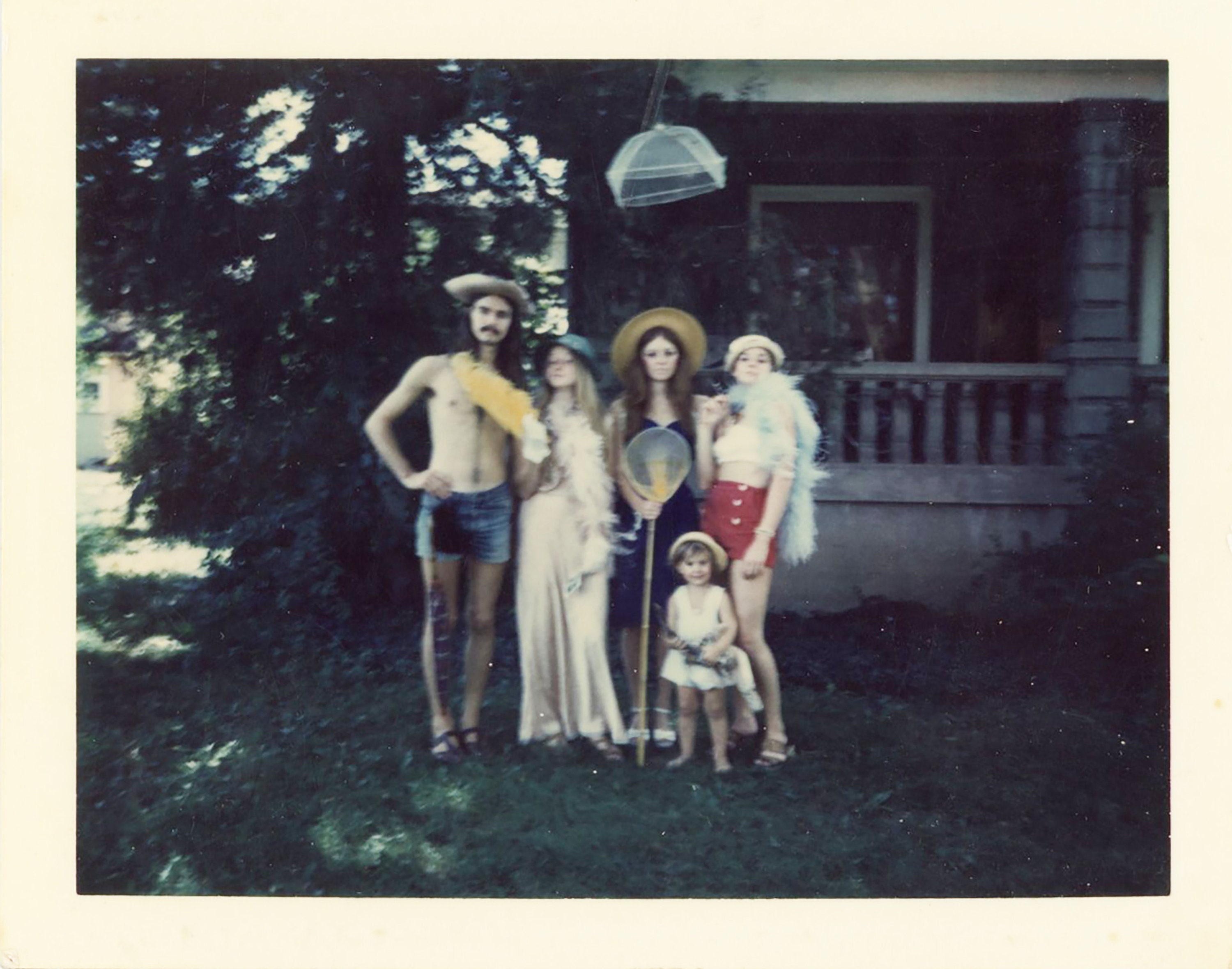 dreamy COSTUME FAMILY POLAROID vintage 1970s snapshot photograph original color photo hippies shirtless man and child