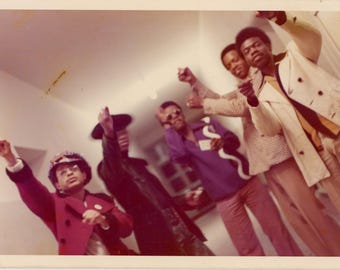 STYLISH fashionable African American men give BLACK POWER salute 1970s/80s color vintage photo