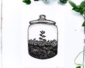 Terrarium Jar⎜Botanical Print⎜Scandinavian Design⎜Scandi Prints⎜Hygge Home Decor⎜Black and White⎜A5 Screen Print⎜Limited Edition