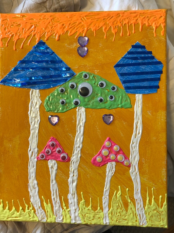 Kidcore Psychedelic Mushroom multimedia painting