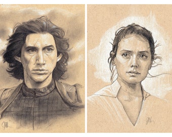 2 IMPRESIONES - Star Crossed Reylo - retratos a lápiz, fanart de Star Wars, Rey, Kylo Ren, Ben Solo, El ascenso de Skywalker, Vanity Fair