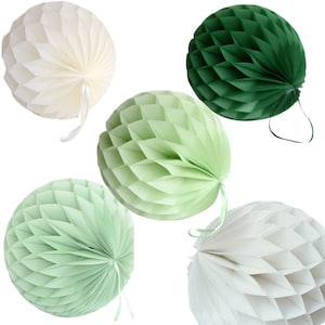 Groen en ivoor 5 tissuepapier honingraatballen feestdecoratie set GEMENGD formaat ronde papieren lantaarns - hangende bruiloft verjaardagsfeestje decor