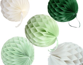 Green and ivory 5 Tissue paper honeycomb balls party decoration set  MIXED size round paper lanterns -  hanging wedding birthday party decor