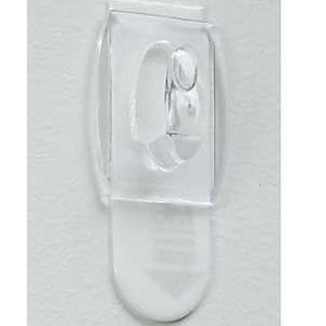 Könnte beinhalten: Ein transparenter Haken aus Kunststoff mit abgerundeter Basis und einer kleinen, kreisförmigen Öffnung oben. Der Haken ist für die Montage an einer Wand oder einer anderen Oberfläche konzipiert.