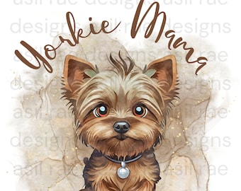 Könnte beinhalten: Eine Aquarell-Illustration eines Yorkshire Terriers mit braunem Fell, einem schwarzen Halsband und einer silbernen Glocke. Der Hund steht auf einem hellbraunen Hintergrund mit goldenem Glitzer. Der Text "Yorkie Mama" ist in braunen Buchstaben über dem Hund geschrieben.
