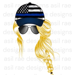 Back The Blue Hat Messy Bun - Blonde Braid PNG Digital Download Sublimation