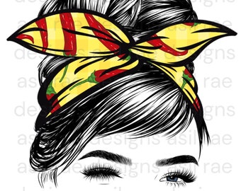 Spicy Peppers Blue Eye Wink Messy Bun PNG Digital Download Sublimation