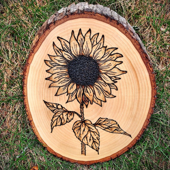 Woodburned Sunflower Piece-floral Pyrography Round Wooden Canvas -   Canada