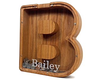 Wood Piggy Bank, Letter Coin Bank for Kids, Wooden Bank, Wooden Piggy Bank, Grandchild Gift, Gift for Kids, Personalized Gift for Children