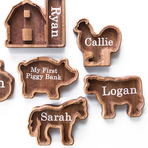 Animal Piggy Bank, Animal Shapes, Nursery Decor, Farm Animals, Wood Piggy Bank, Personalized Bank, Pig, Cow, Horse, Chicken, Barn, Tractor
