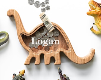 Personalized Dinosaur Piggy Bank, Boys Wooden Nursey Decor, Son's First Birthday Gift, Montessori Teach Savings, Geologist Dino Gift