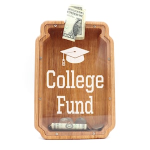 College Fund Savings Jar, Wood Piggy Bank, Back to School Gift, Mason Jar Money Bank, College Fund Gift Idea, Cash Coin or Change Jar