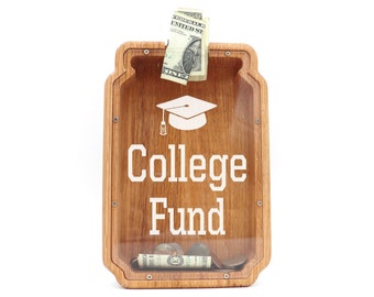 College Fund Savings Jar, Wood Piggy Bank, Back to School Gift, Mason Jar Money Bank, College Fund Gift Idea, Cash Coin or Change Jar