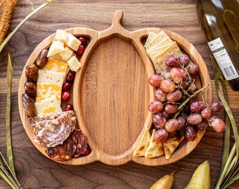 Fall Charcuterie Tray, Pumpkin Shaped Wood Platter, Charcuterie Board with Compartments, Thanksgiving Feast, Appetizer Fruit and Veggie Tray