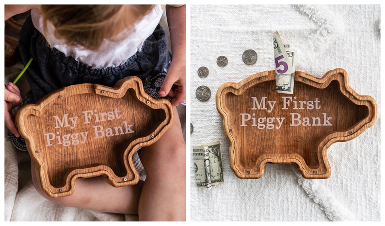 Wooden Pig Shaped Piggy Banks with Personalized Engraving on the Clear Front With White Background And Child Holding Personalized  Bank
USA Red Oak Wood, This wood Gives The Bank A Natural Red/ Brown Look