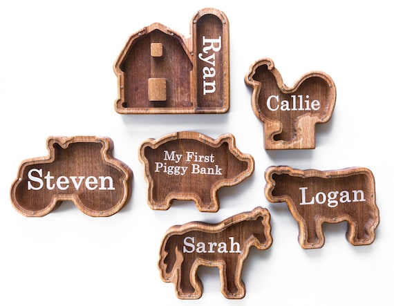 Animal Piggy Bank, Animal Shapes, Nursery Decor, Farm Animals, Wood Piggy Bank, Personalized Bank, Pig, Cow, Horse, Chicken, Barn, Tractor