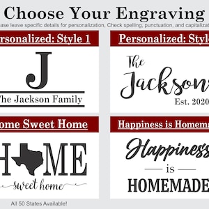 May include: A graphic showing two different styles of personalized home decor. Style 1 features a large initial "J" with the text "The Jackson Family" and "Home Sweet Home". Style 2 features the text "The Jacksons Est. 2020" and "Happiness is Homemade".