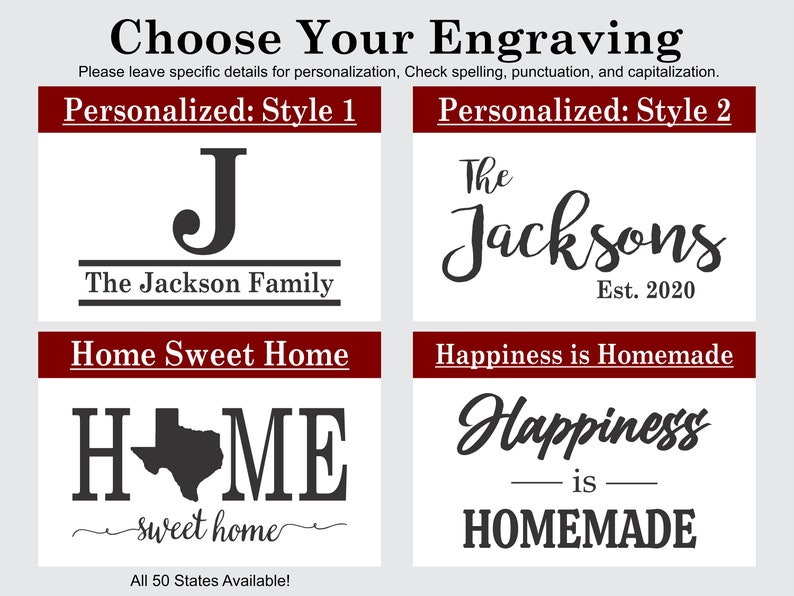 May include: A graphic showing two different styles of personalized home decor. Style 1 features a large initial "J" with the text "The Jackson Family" and "Home Sweet Home". Style 2 features the text "The Jacksons Est. 2020" and "Happiness is Homemade".