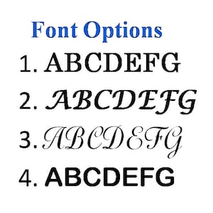 May include: Four font options for text are shown. Option 1 is a simple sans-serif font. Option 2 is a cursive font. Option 3 is a more elaborate cursive font. Option 4 is a bold sans-serif font.