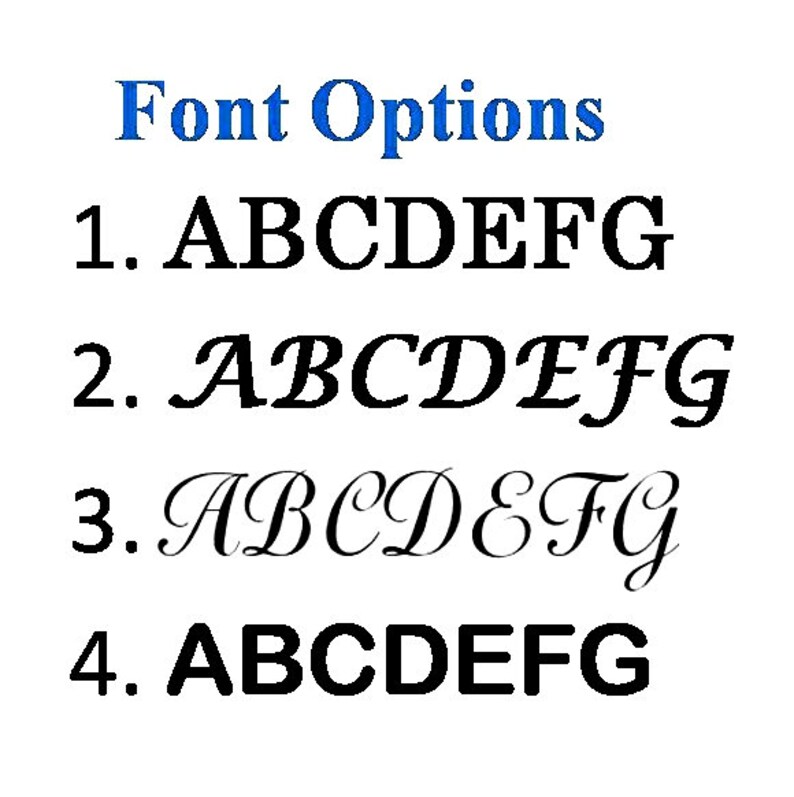 May include: Four font options for text are shown. Option 1 is a simple sans-serif font. Option 2 is a cursive font. Option 3 is a more elaborate cursive font. Option 4 is a bold sans-serif font.